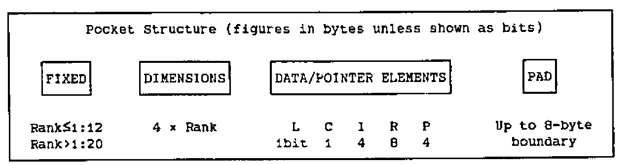 Pocket Structure (figures in bytes unless shown as bits): FIXED (Rank≤1: 12, Rank>1: 20), DIMENSIONS (4 × Rank), DATA/POINTER ELEMENTS (L 1 bit, C 1, I 4, R 8, P 4), PAD (up to 8-byte boundary)