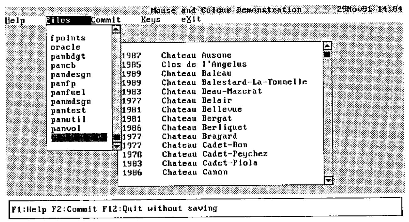 Screen: title “Mouse and Colour Demonstration” with date and time, a menu bar Help Files Commit Keys eXit with the Files pull-down open listing panel files, a scrolling list of vintages and châteaux with a slider, and a function-key line F1:Help F2:Commit F12:Quit without saving