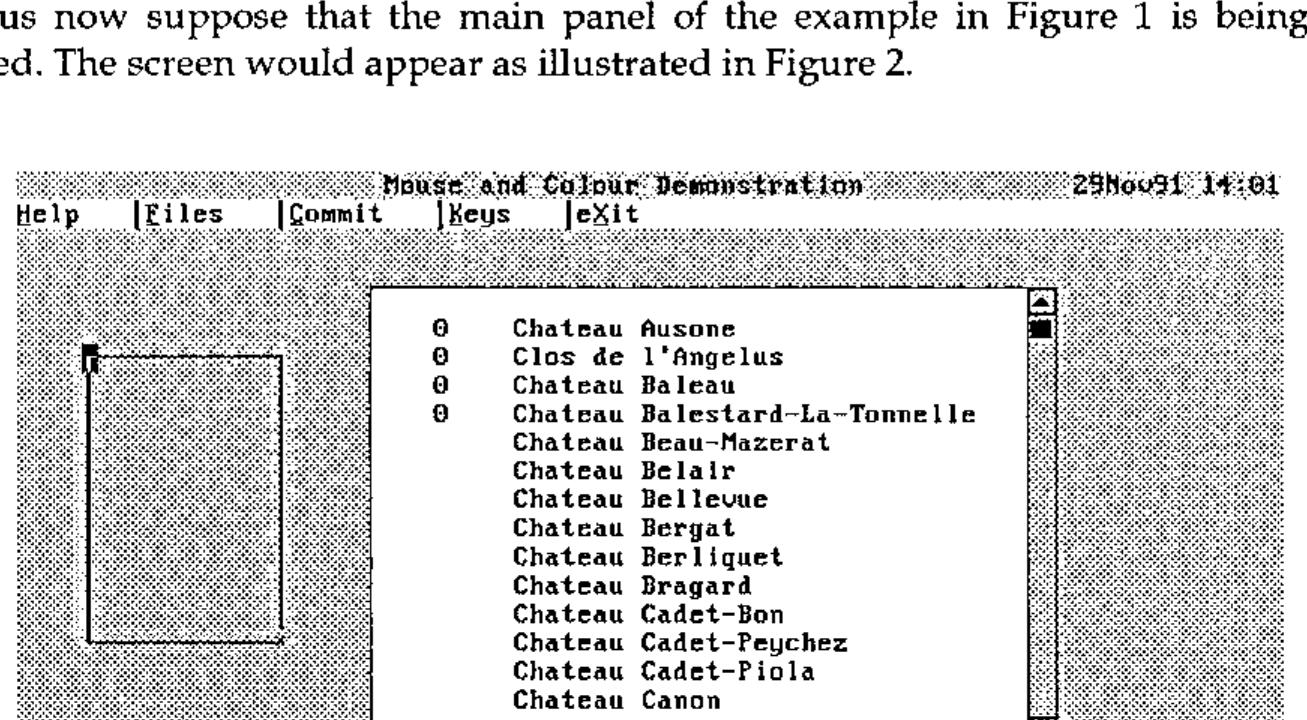 The panel being edited: the menu bar items separated by bars, the year field showing zeros, the wine list with its slider, an empty rectangle being drawn at the left, and the design tool’s function keys F1 to F12 at the foot