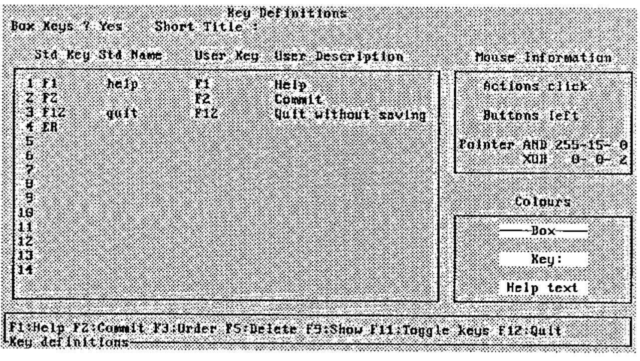 The Key Definitions panel: Box Keys? Yes, Short Title; a table of standard keys F1 help, F2, F12 quit and ER with user keys and descriptions Help, Commit, Quit without saving; Mouse Information (Actions click, Buttons left, Pointer AND 255-15-0 XOR 0-0-2) and Colours boxes