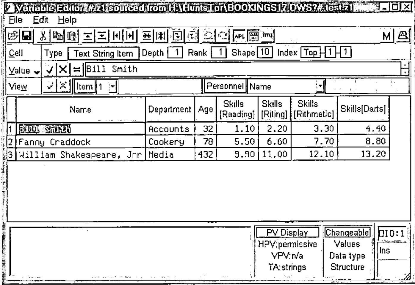 The Variable Editor dialog, its caption naming #.z1 sourced from H:\Hunts\or\BOOKINGS17.DWS, showing a Personnel table with columns Name, Department, Age and Skills[Reading], [Riting], [Rithmetic], [Darts]