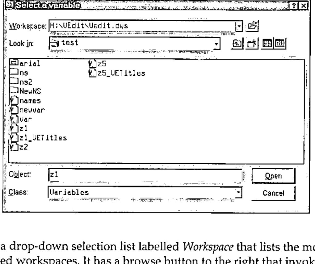 The “Select a Variable” dialog: Workspace H:\VEdit\Vedit.dws, Look in: test, a list of namespaces and variables (arial, ns, ns2, NewNS, names, newvar, var, z1, z1_VETitles, z2, z5, z5_VETitles), Object z1, Class Variables, with Open and Cancel