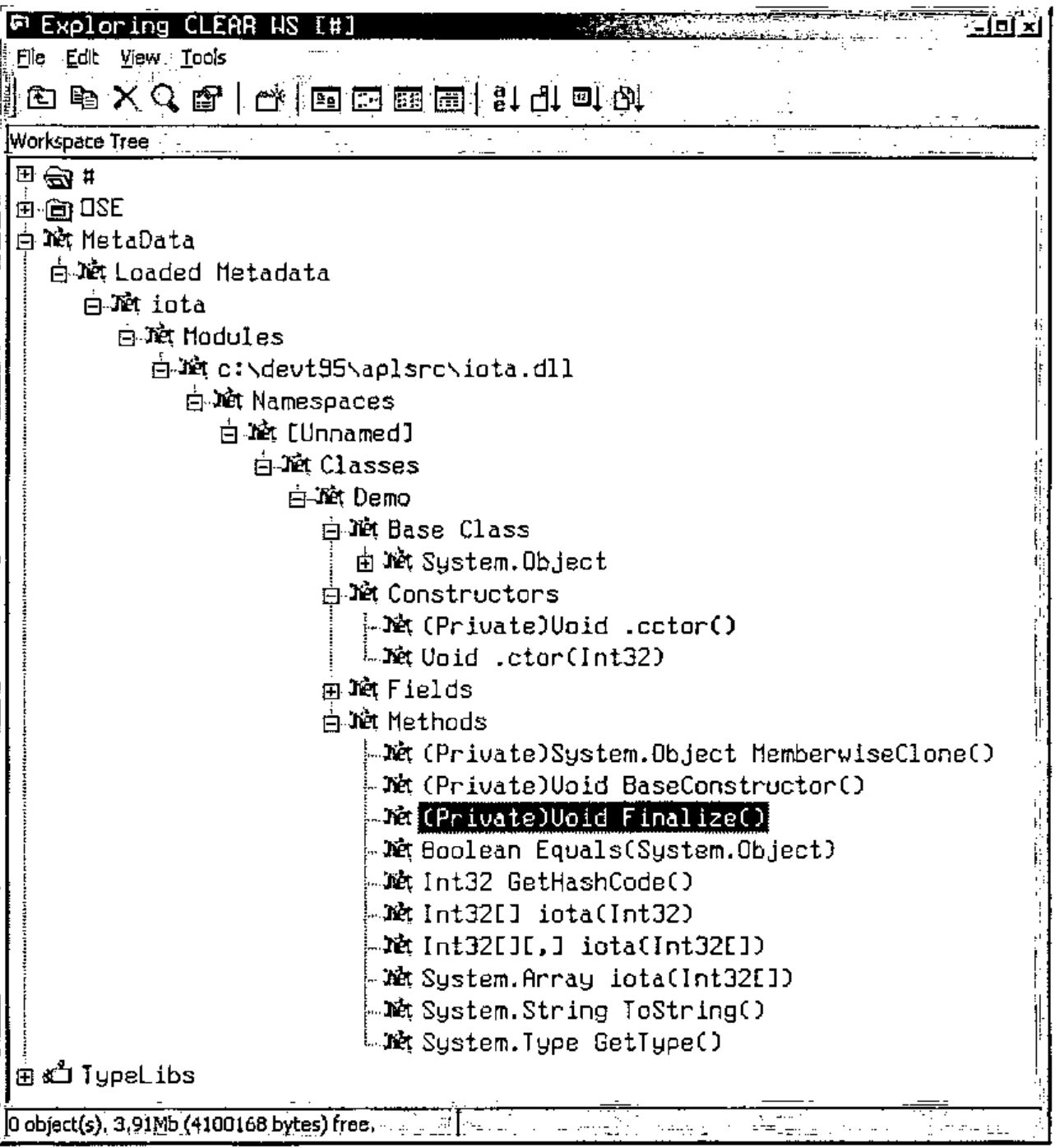 The Workspace Explorer showing the loaded metadata for iota: class Demo, its base class System.Object, constructors, fields and methods including the three iota overloads