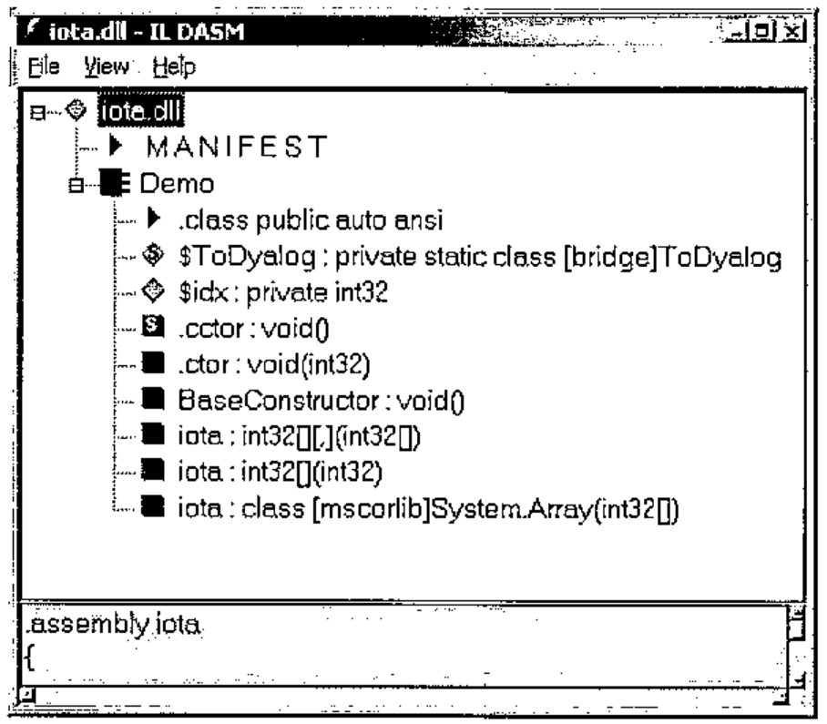 ILDASM showing iota.dll: MANIFEST and class Demo, with .cctor, .ctor : void(int32), BaseConstructor, and three iota overloads