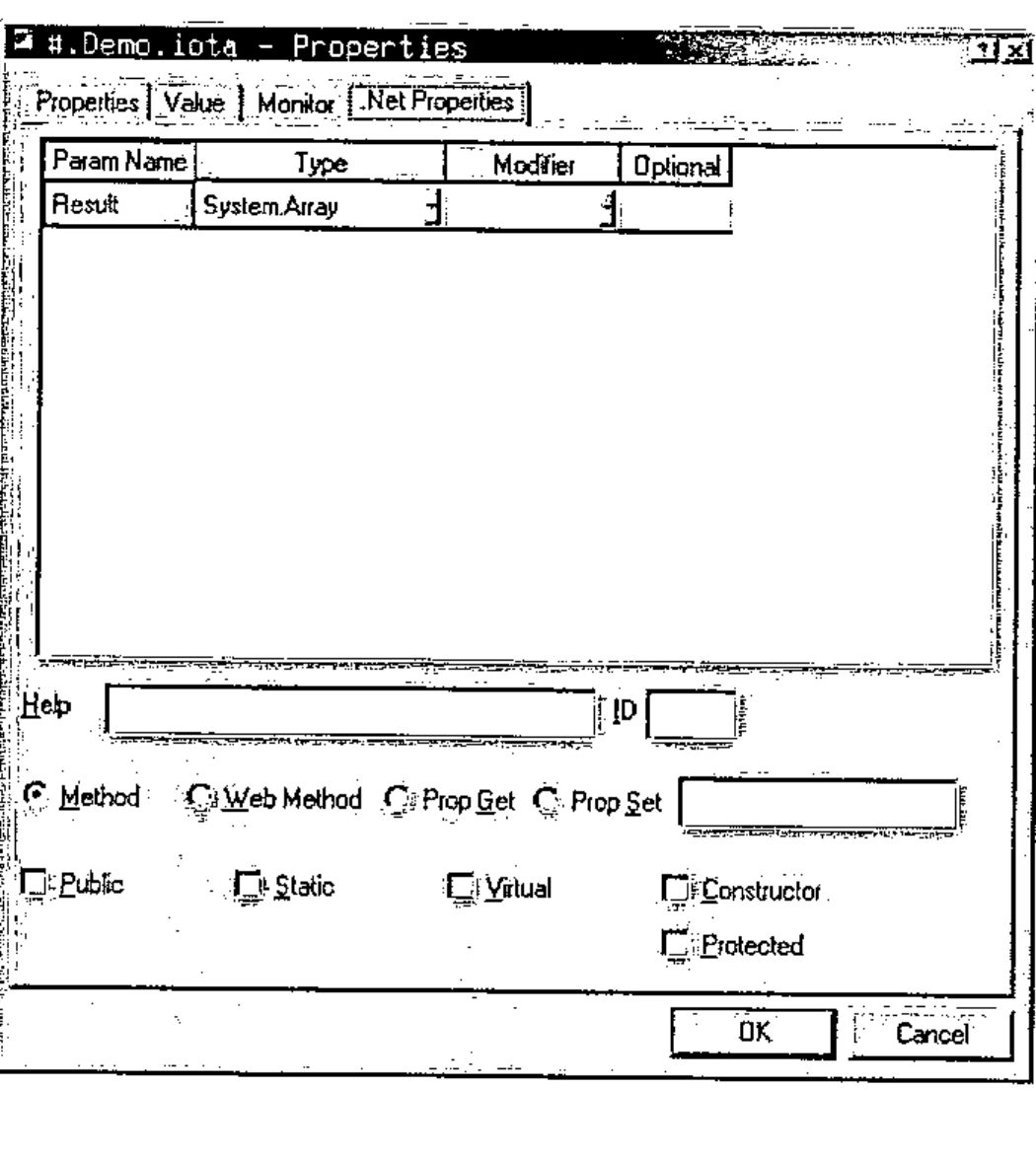 The .Net Properties page of the Properties dialog for #.Demo.iota: one parameter, Result, of type System.Array; Method selected
