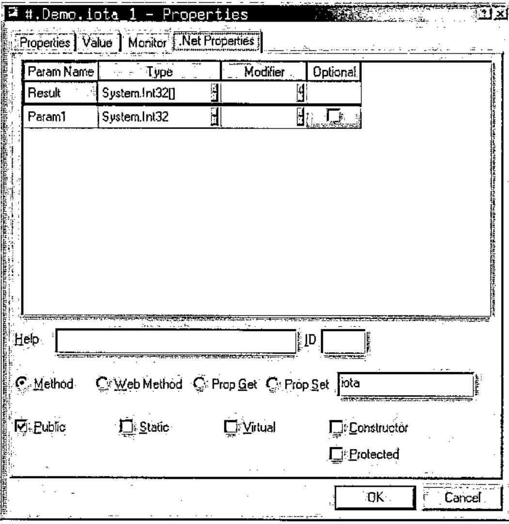 The .Net Properties page for #.Demo.iota_1: Result of type System.Int32[], Param1 of type System.Int32; external name iota; Public checked