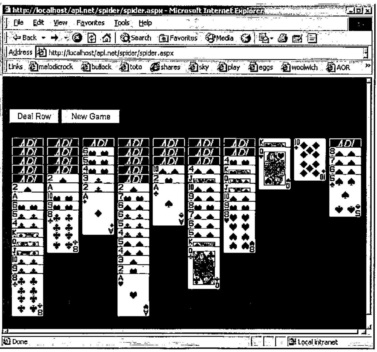 Internet Explorer showing http://localhost/apl.net/spider/spider.aspx: a game of Spider patience with Deal Row and New Game buttons
