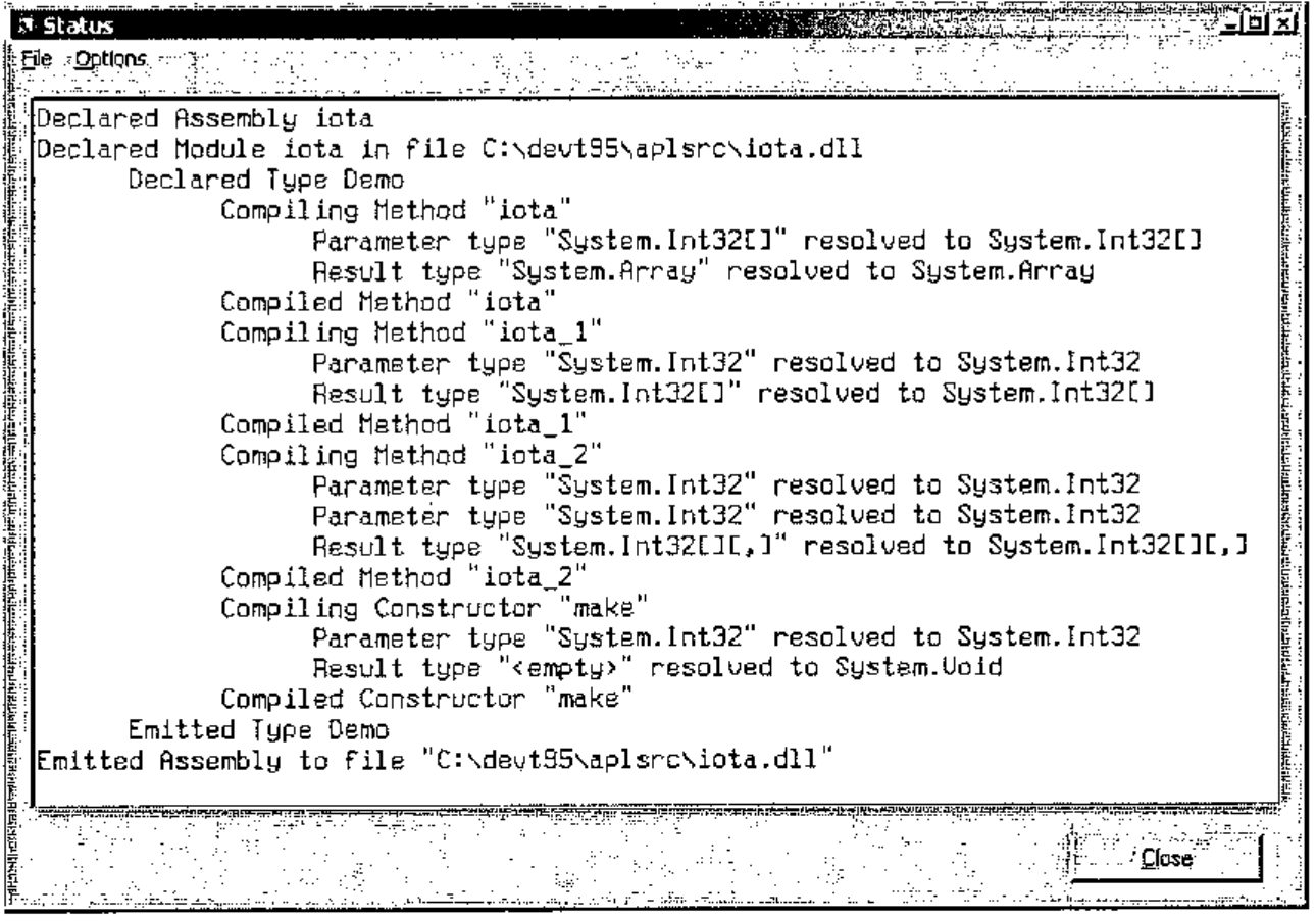 The Status window, reporting the compilation of methods iota, iota_1, iota_2 and constructor make, and the emitted assembly C:\devt95\aplsrc\iota.dll