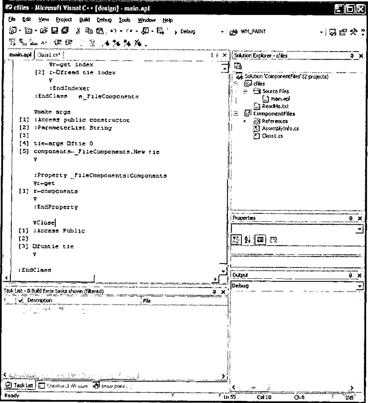 VS.NET showing main.apl of the cfiles project, and the Solution Explorer listing cfiles and ComponentFiles