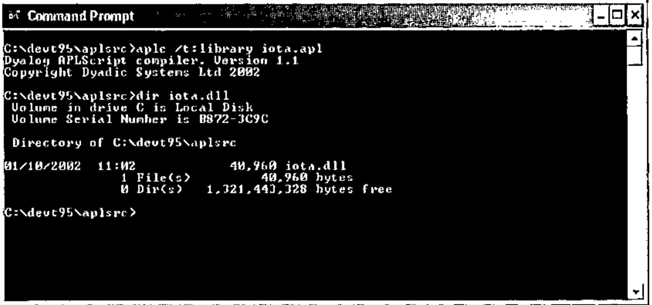 A Command Prompt running aplc /t:library iota.apl and listing iota.dll, 40,960 bytes