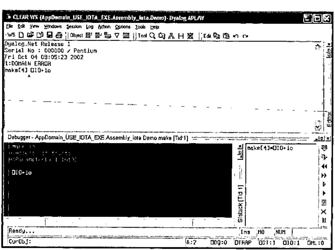 The Dyalog APL/W session and debugger showing DOMAIN ERROR in make[4] ⎕IO←io