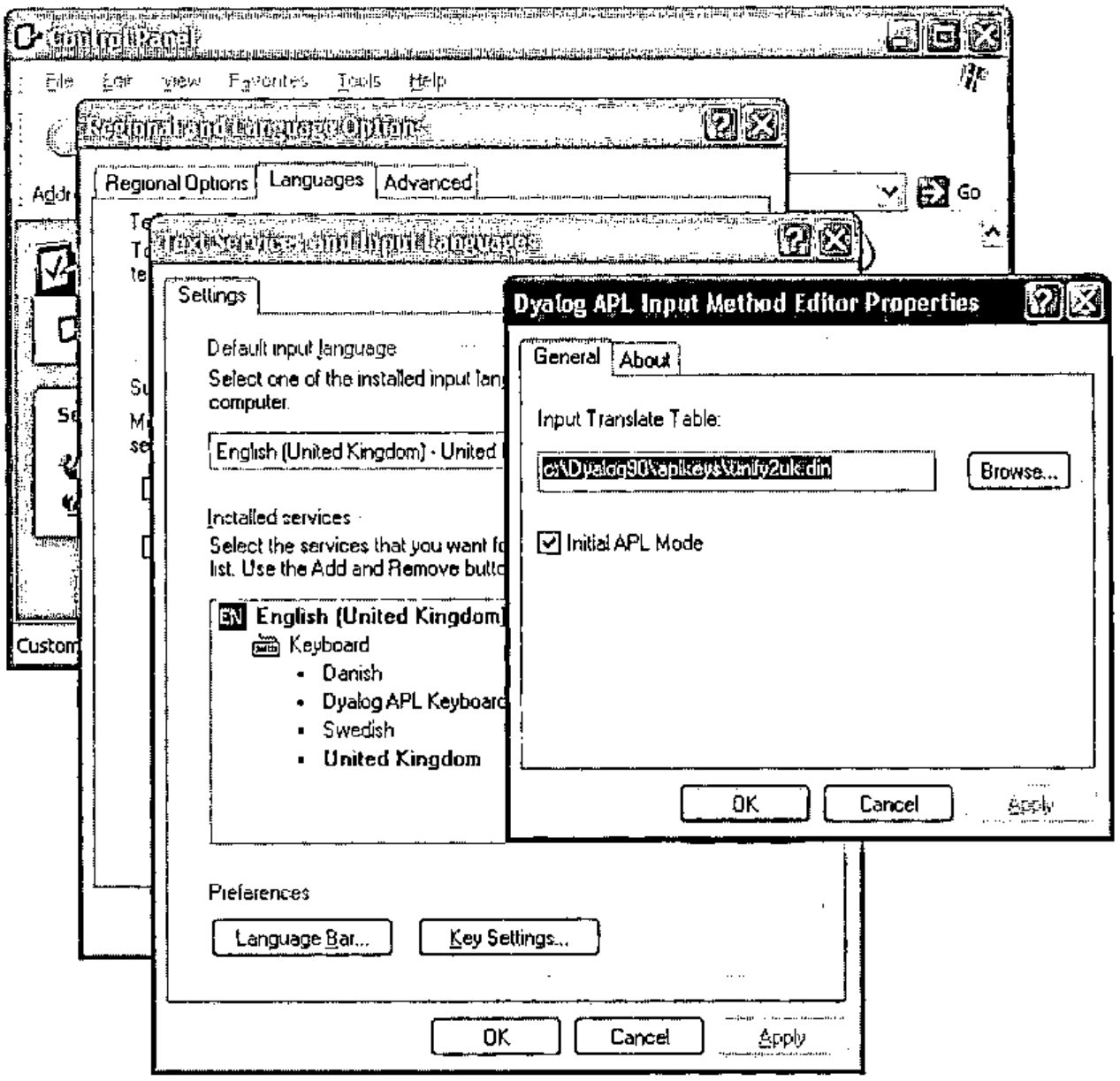 Control Panel: Regional and Language Options, Text Services and Input Languages, and the Dyalog APL Input Method Editor Properties dialog with Input Translate Table c:\Dyalog90\aplkeys\unify2uk.din and Initial APL Mode checked