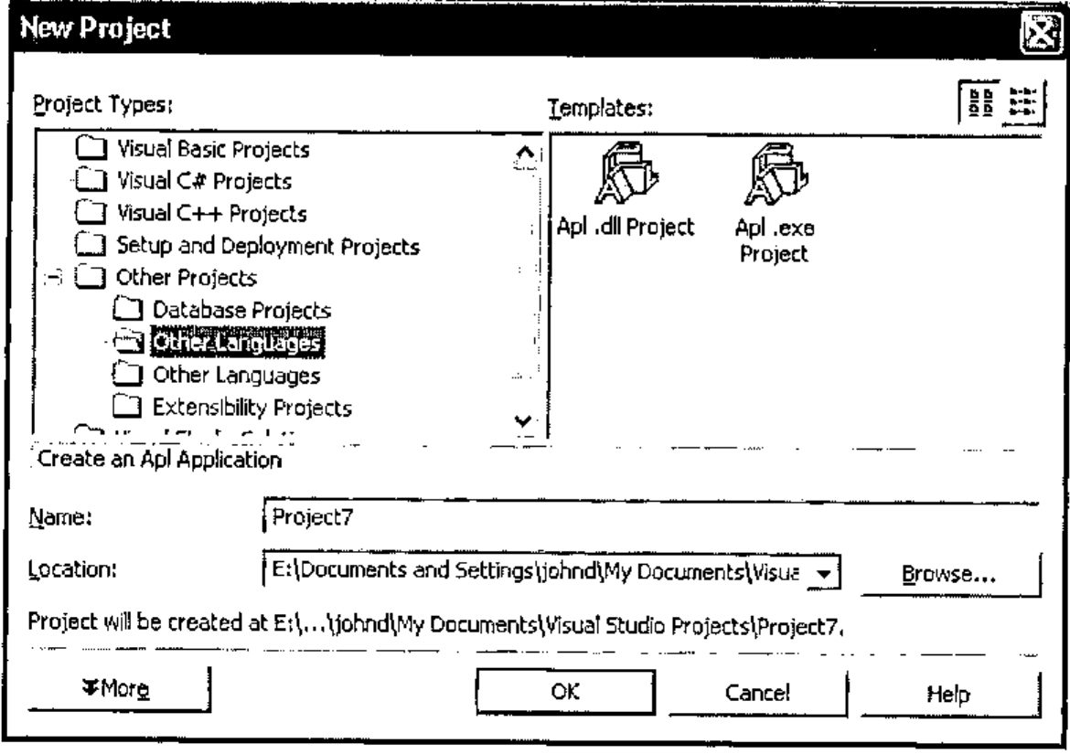 The VS.NET New Project dialog with Other Languages selected, offering templates Apl .dll Project and Apl .exe Project