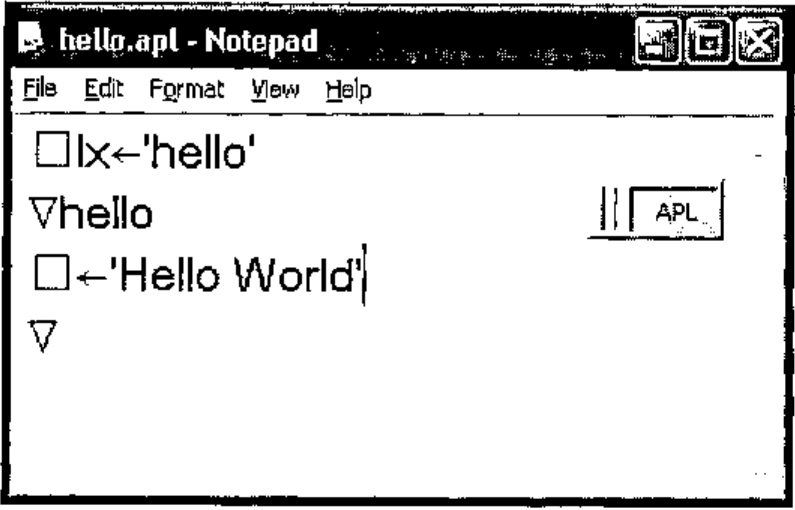 Notepad editing hello.apl, with the APL IME button