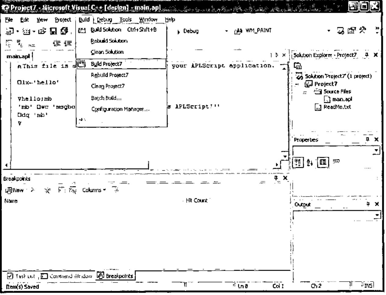 VS.NET with the Build menu open and Build Project7 selected