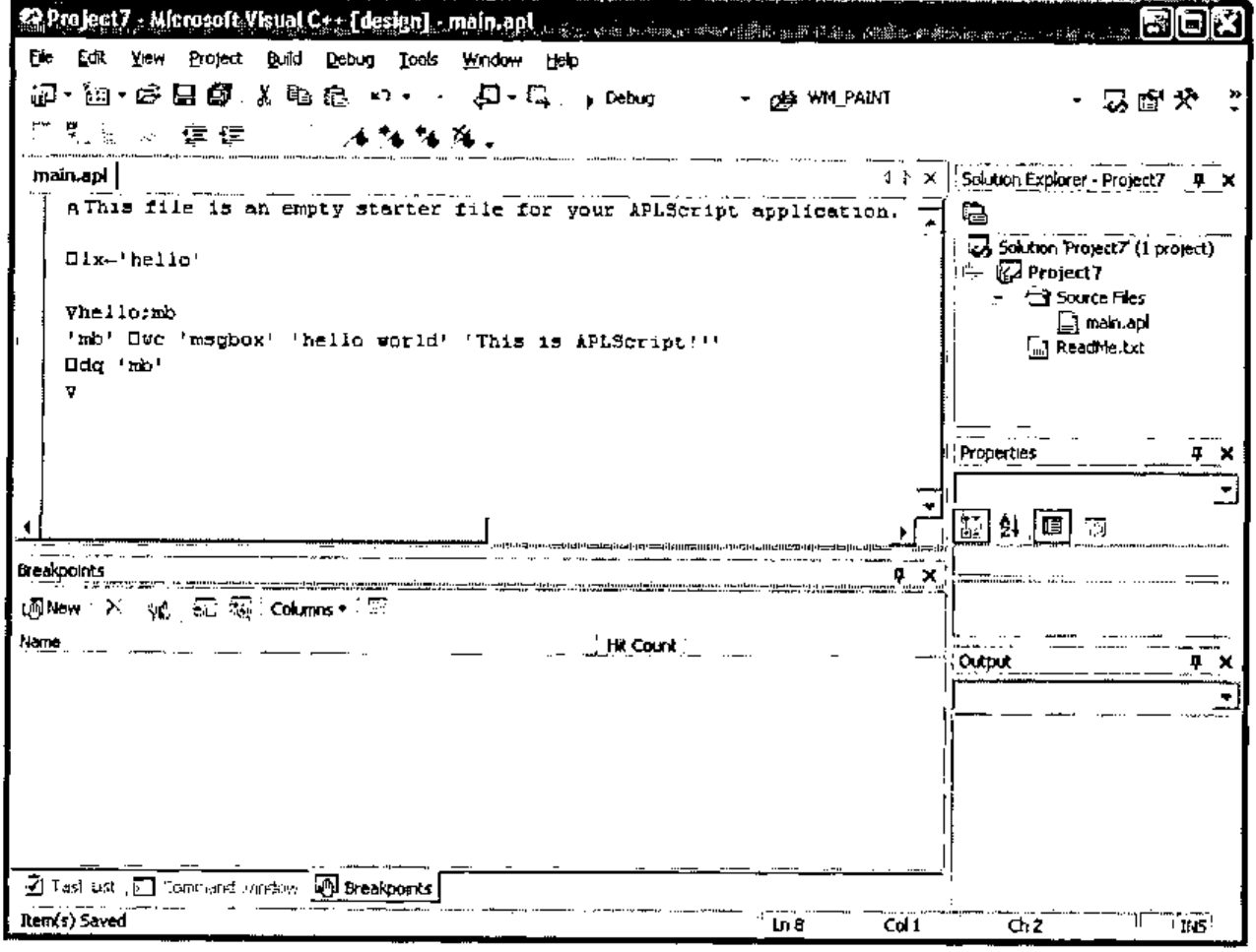 VS.NET editing main.apl: ⎕lx←'hello'; ∇hello;mb; 'mb' ⎕wc 'msgbox' 'hello world' 'This is APLScript!!'; ⎕dq 'mb'; ∇