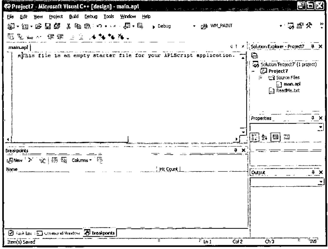 VS.NET with main.apl open, containing the comment “This file is an empty starter file for your APLScript application.”