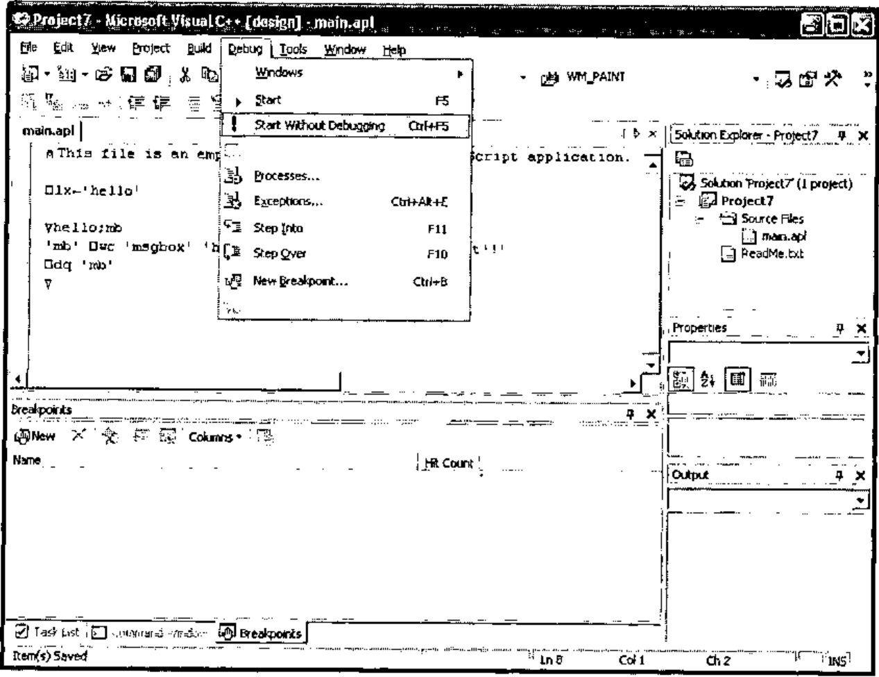 VS.NET with the Debug menu open and Start Without Debugging selected
