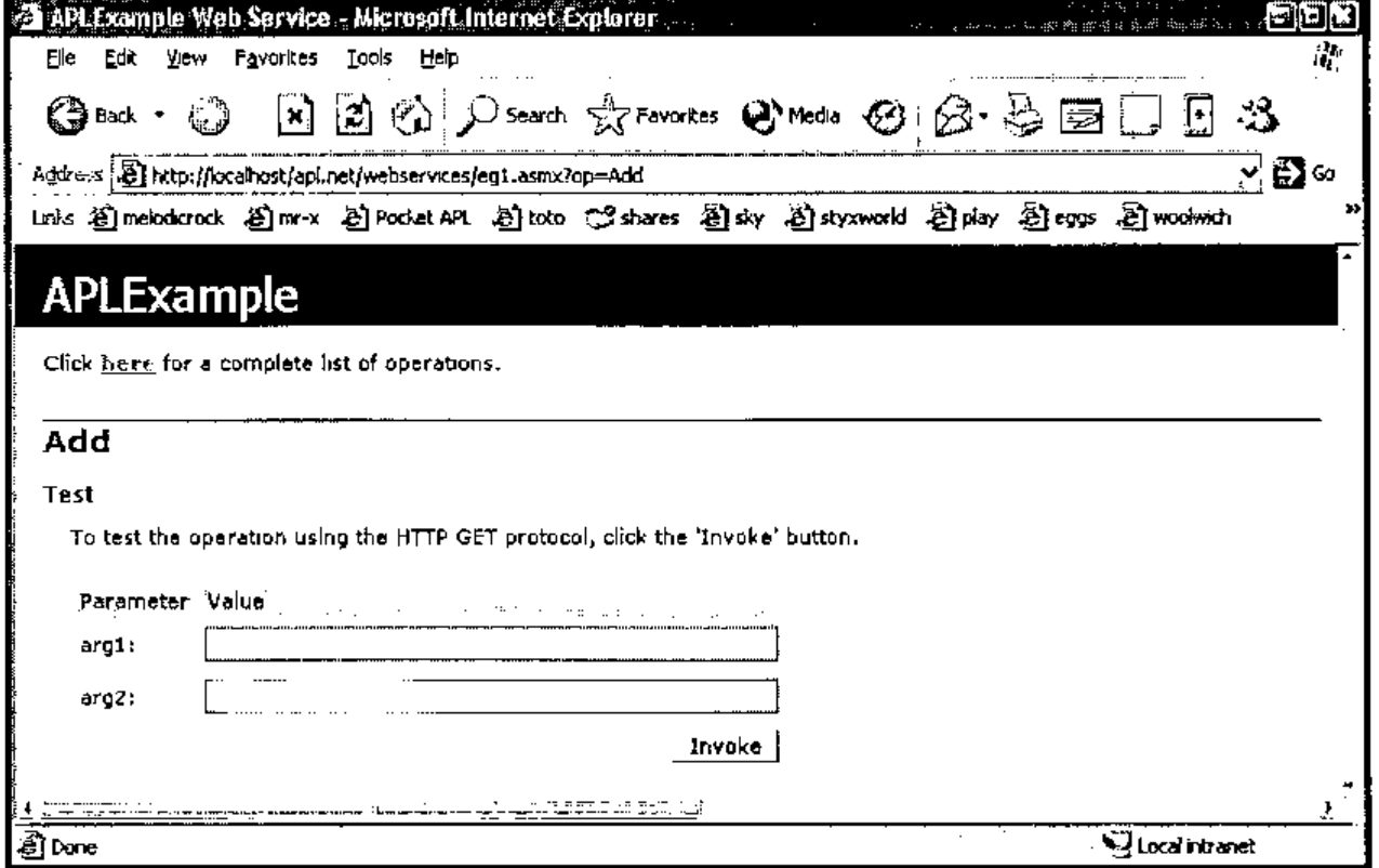 The Add test page, with fields arg1 and arg2 and an Invoke button