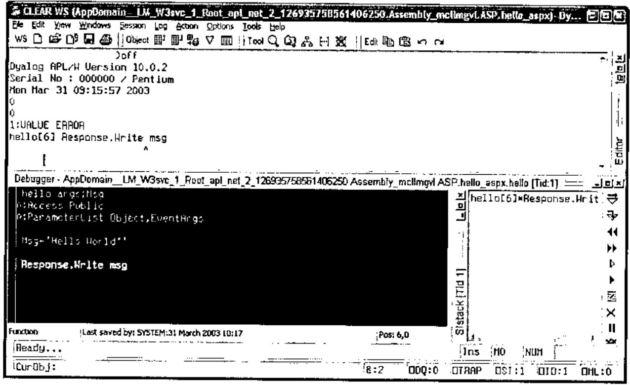 The Dyalog APL/W 10.0.2 session showing 1:VALUE ERROR at hello[6] Response.Write msg, with the debugger window showing the function