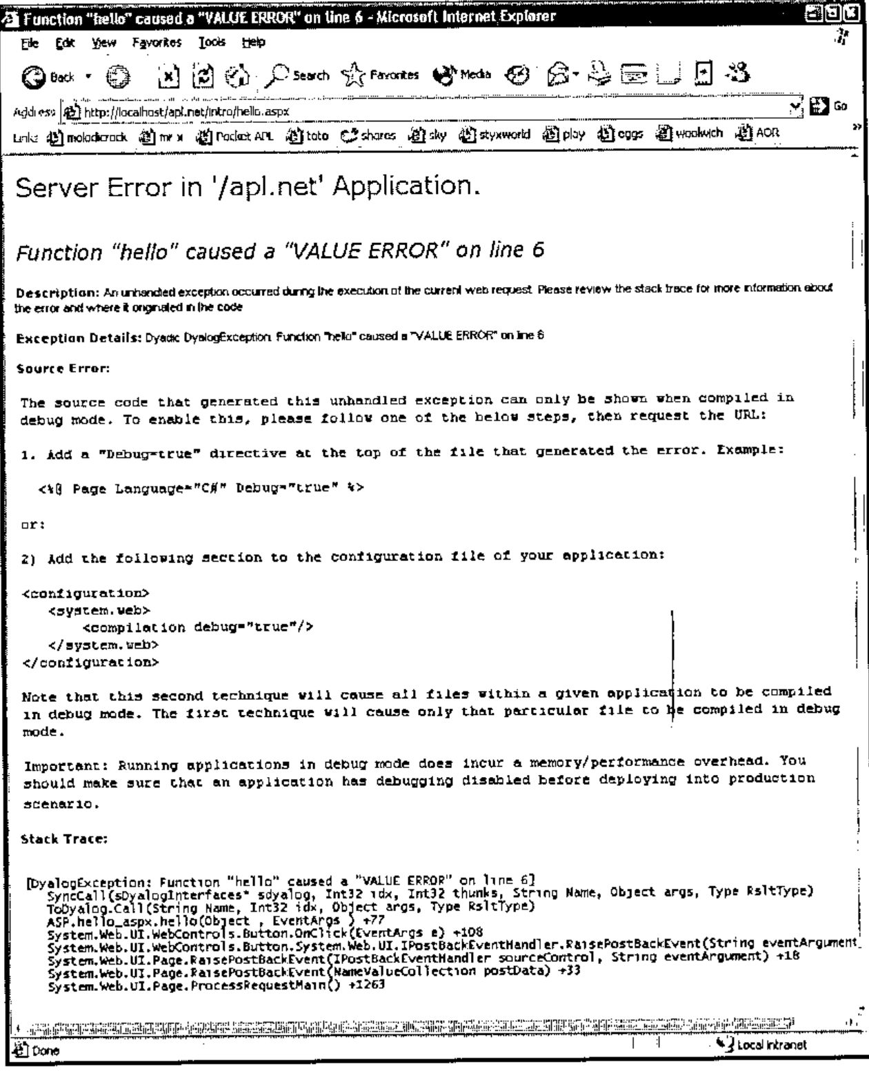 Internet Explorer showing “Server Error in '/apl.net' Application. Function "hello" caused a "VALUE ERROR" on line 6”, with instructions for enabling debug mode and a stack trace