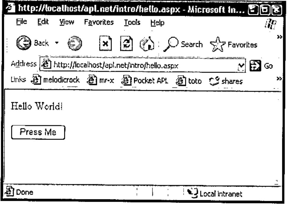 Internet Explorer at http://localhost/apl.net/intro/hello.aspx, showing Hello World! above the Press Me button