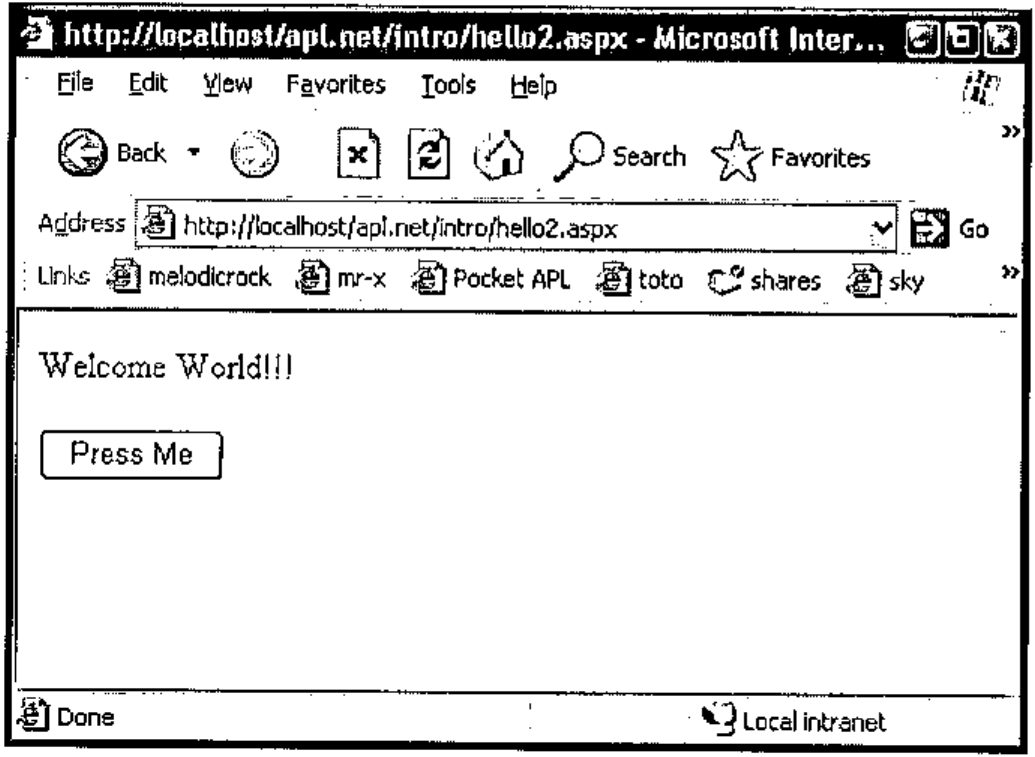 Internet Explorer at http://localhost/apl.net/intro/hello2.aspx, showing Welcome World!!! above the Press Me button
