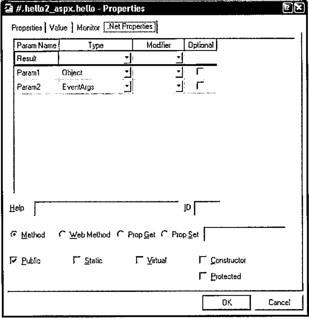 The .Net Properties page for #.hello2_aspx.hello: Param1 of type Object, Param2 of type EventArgs; Method and Public selected