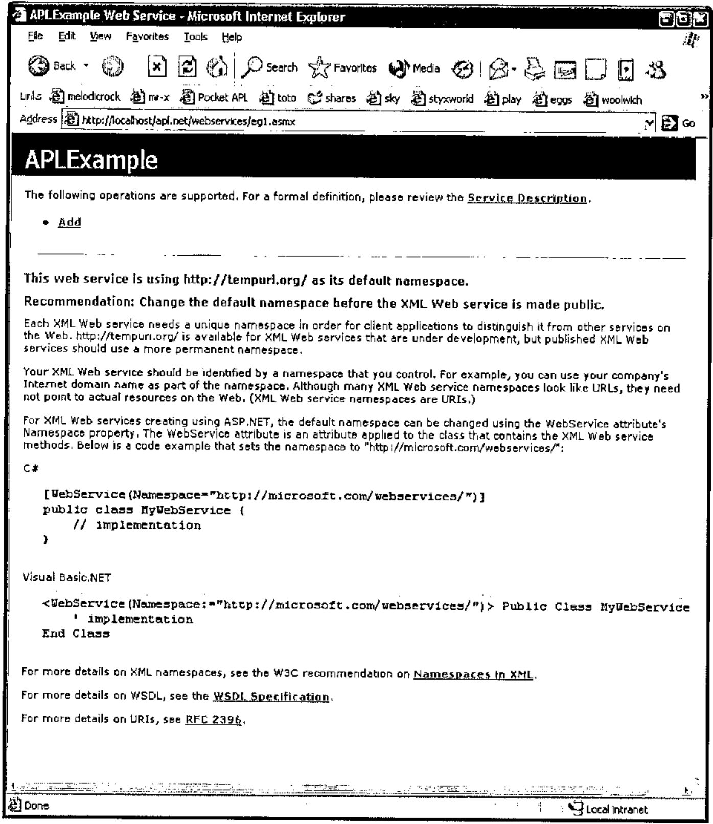 Internet Explorer showing the APLExample web service page: the supported operation Add, and Microsoft’s recommendation to change the default namespace http://tempuri.org/