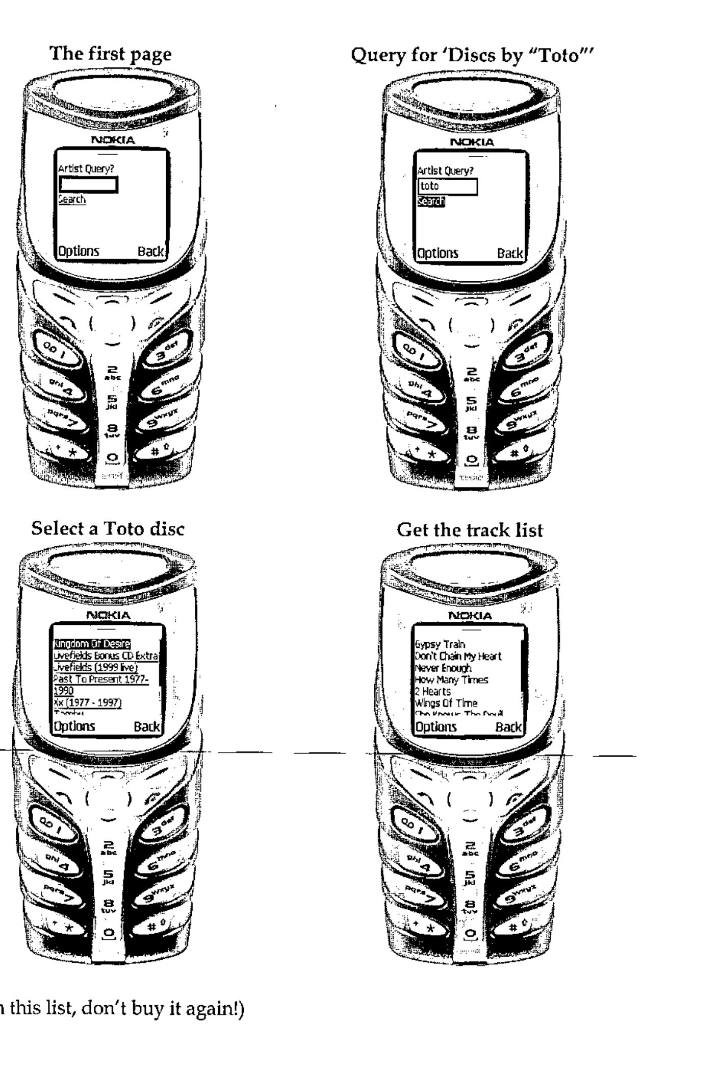 Four phone screens: the first page (Artist Query?), the query for ‘Discs by “Toto”’, selecting a Toto disc, and the track list