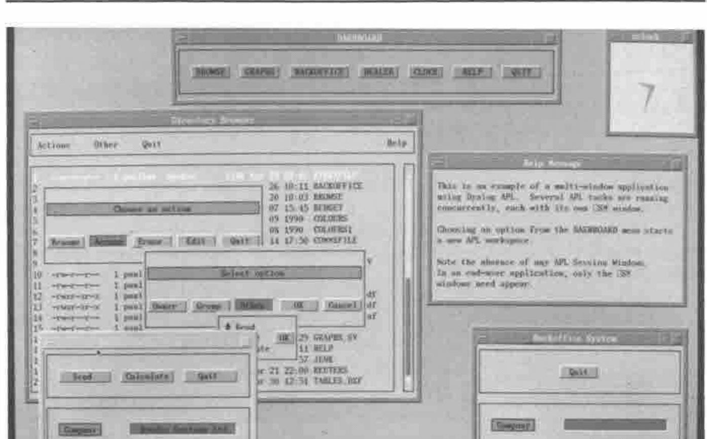 The DASHBOARD application: a row of buttons at the top, a Directory Browser with nested dialog boxes, a help message, a dealer window and a BackOffice System window, and a clock