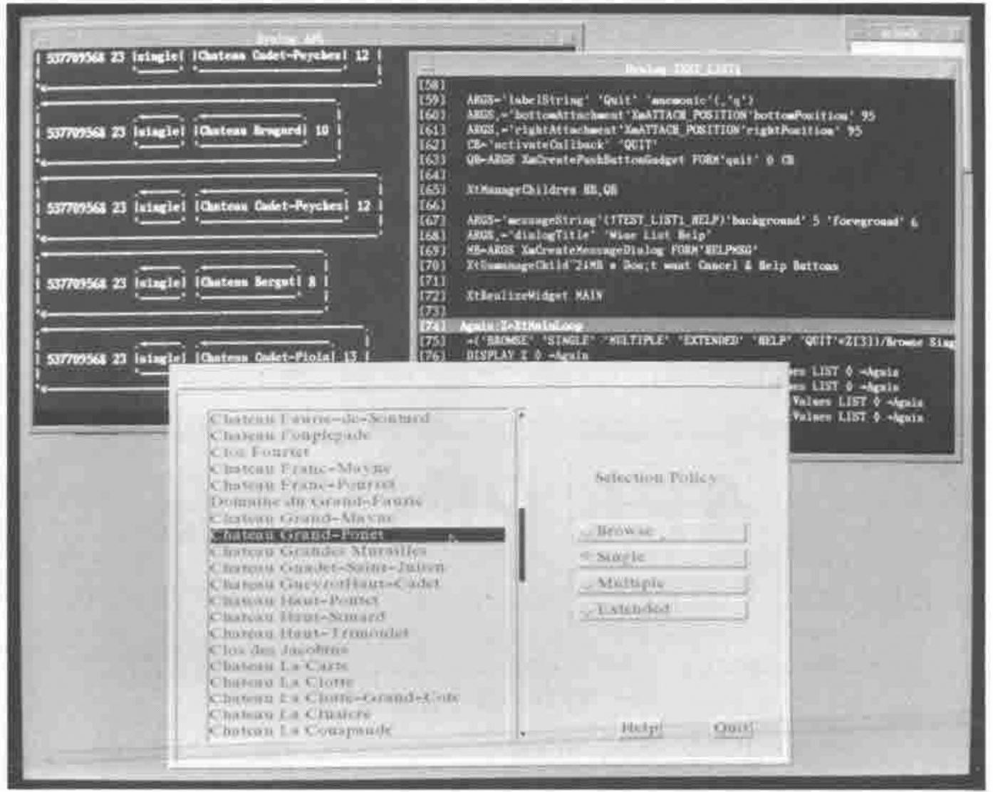 The TEST_LIST1 function traced, with session output of callback messages, and a scrolled list of Château names beside a Selection Policy radio box (Browse, Single, Multiple, Extended) and Help and Quit buttons