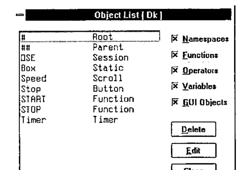 Object List [ Dk ]: #, ##, ⎕SE, Box (Static), Speed (Scroll), Stop (Button), START and STOP (Function), Timer (Timer)