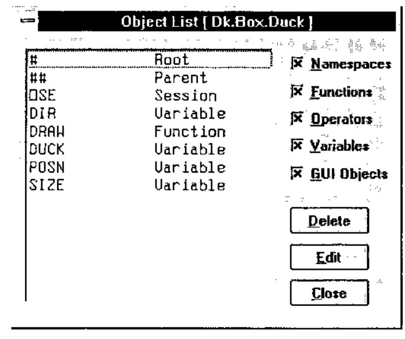 Object List [ Dk.Box.Duck ]: #, ##, ⎕SE, DIR (Variable), DRAW (Function), DUCK, POSN and SIZE (Variable)