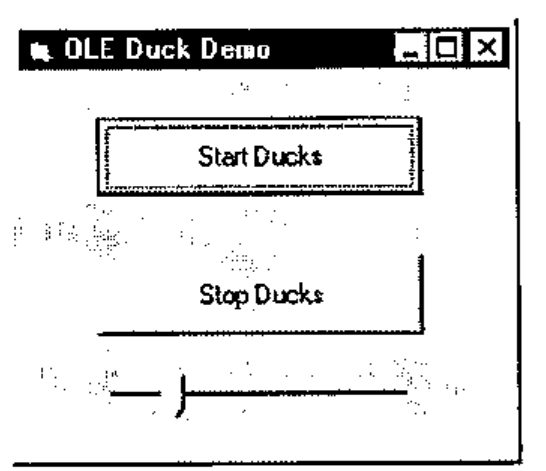 The OLE Duck Demo window with Start Ducks and Stop Ducks buttons and a slider