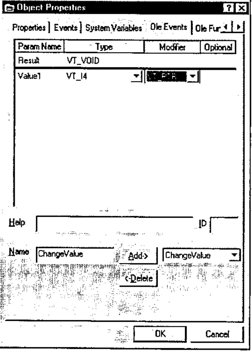 The Object Properties dialog on its Ole Events tab: rows Result VT_VOID and Value1 VT_I4 with a pointer modifier, and the event name ChangeValue added