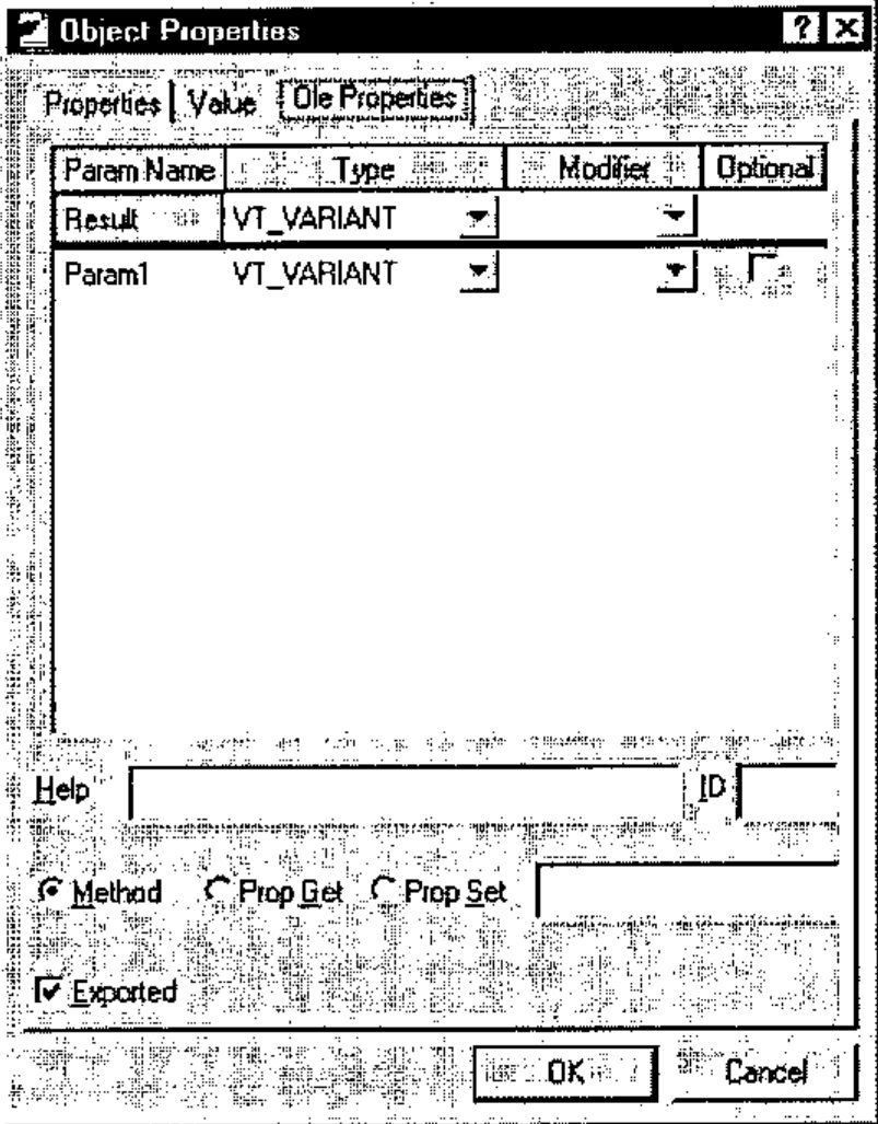 The Object Properties dialog on its Ole Properties tab: rows Result and Param1, both VT_VARIANT; Help and ID fields; Method, Prop Get and Prop Set options with Method set; Exported checked
