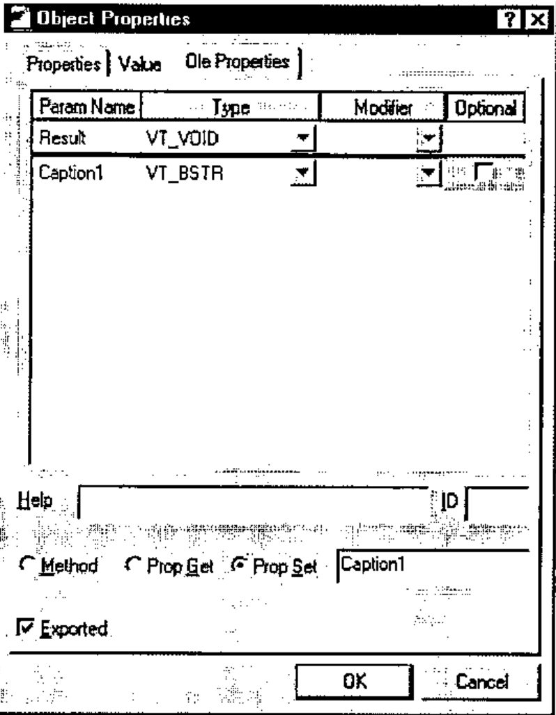 The Object Properties dialog with rows Result VT_VOID and Caption1 VT_BSTR, Prop Set selected with property Caption1, and Exported checked