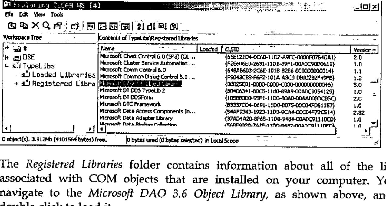 The Workspace Explorer: the tree shows TypeLibs with Loaded Libraries and Registered Libraries; the list of registered libraries (Microsoft Chart Control 6.0, Microsoft Cluster Service Automation, Microsoft Comm Control 6.0 and others, with their CLSIDs and versions) has one entry highlighted