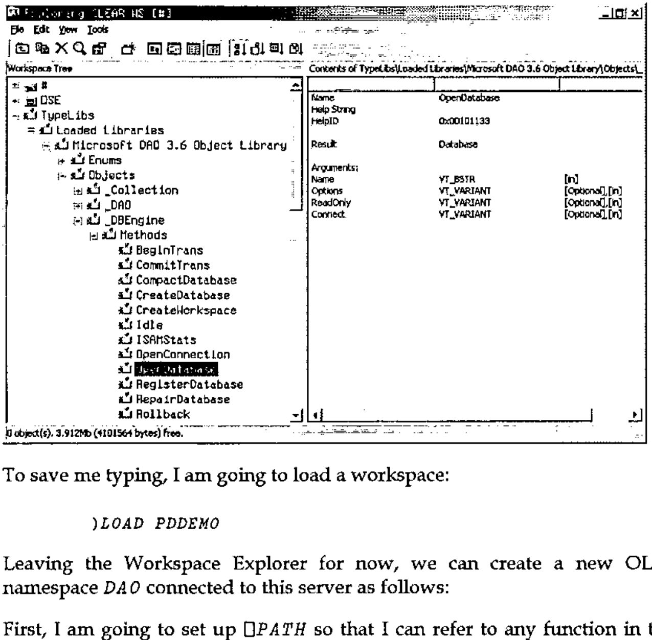 The Workspace Explorer with Microsoft DAO 3.6 Object Library loaded: under Objects, _DBEngine’s Methods are listed and OpenDatabase is selected; the right pane shows Name OpenDatabase, HelpID 0x00101133, Result Database, and the arguments Name (VT_BSTR, [in]), Options, ReadOnly and Connect (VT_VARIANT, [Optional],[in])