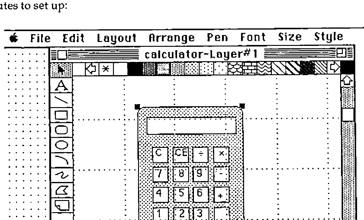 The MacDraw window “calculator-Layer#1”, with its tool palette and menus (File Edit Layout Arrange Pen Font Size Style), showing the calculator drawn on a dotted grid