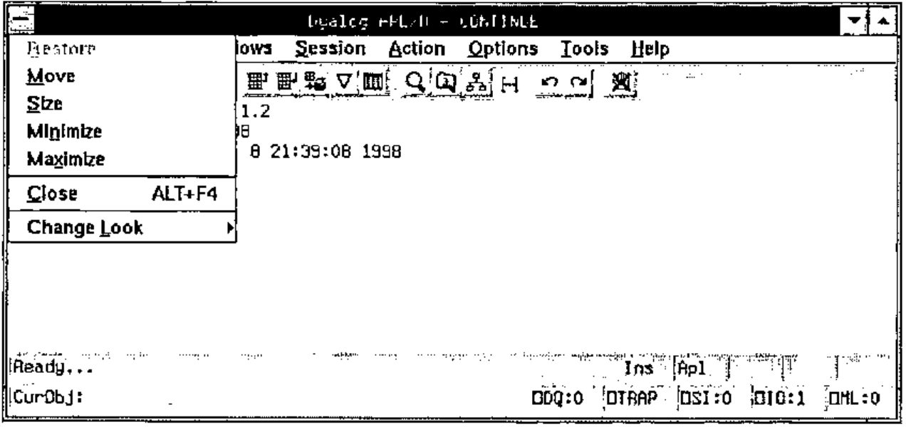 The session window in the Windows 3 look, with its system menu open: Restore, Move, Size, Minimize, Maximize, Close Alt+F4, Change Look