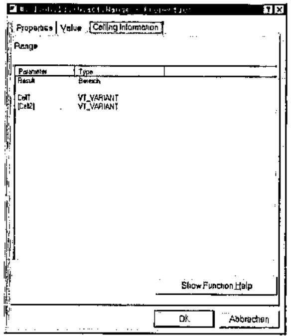 The Calling Information page for Range: result of type Bereich; parameters Cell and [Cell2] of type VT_VARIANT; a Show Function Help button