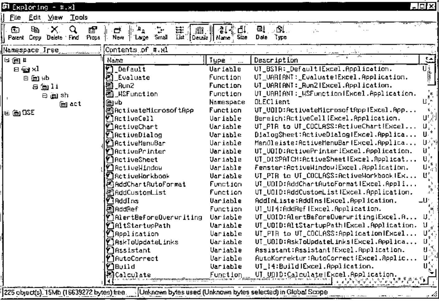 The Dyalog explorer showing the namespace #.xl, with sub-namespaces wb, li, sh and act, and its contents (_Default, _Evaluate, ActiveCell, ActiveSheet …) with types and descriptions