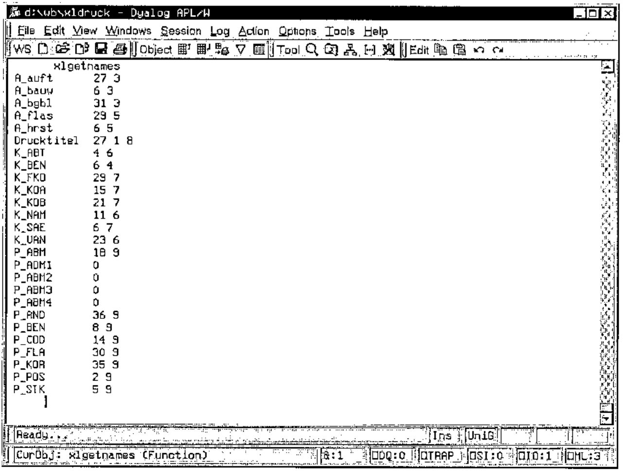 A Dyalog APL session showing the result of xlgetnames: each name with its column and row, such as A_auft 27 3, Drucktitel 27 1 8, P_ABM1 0