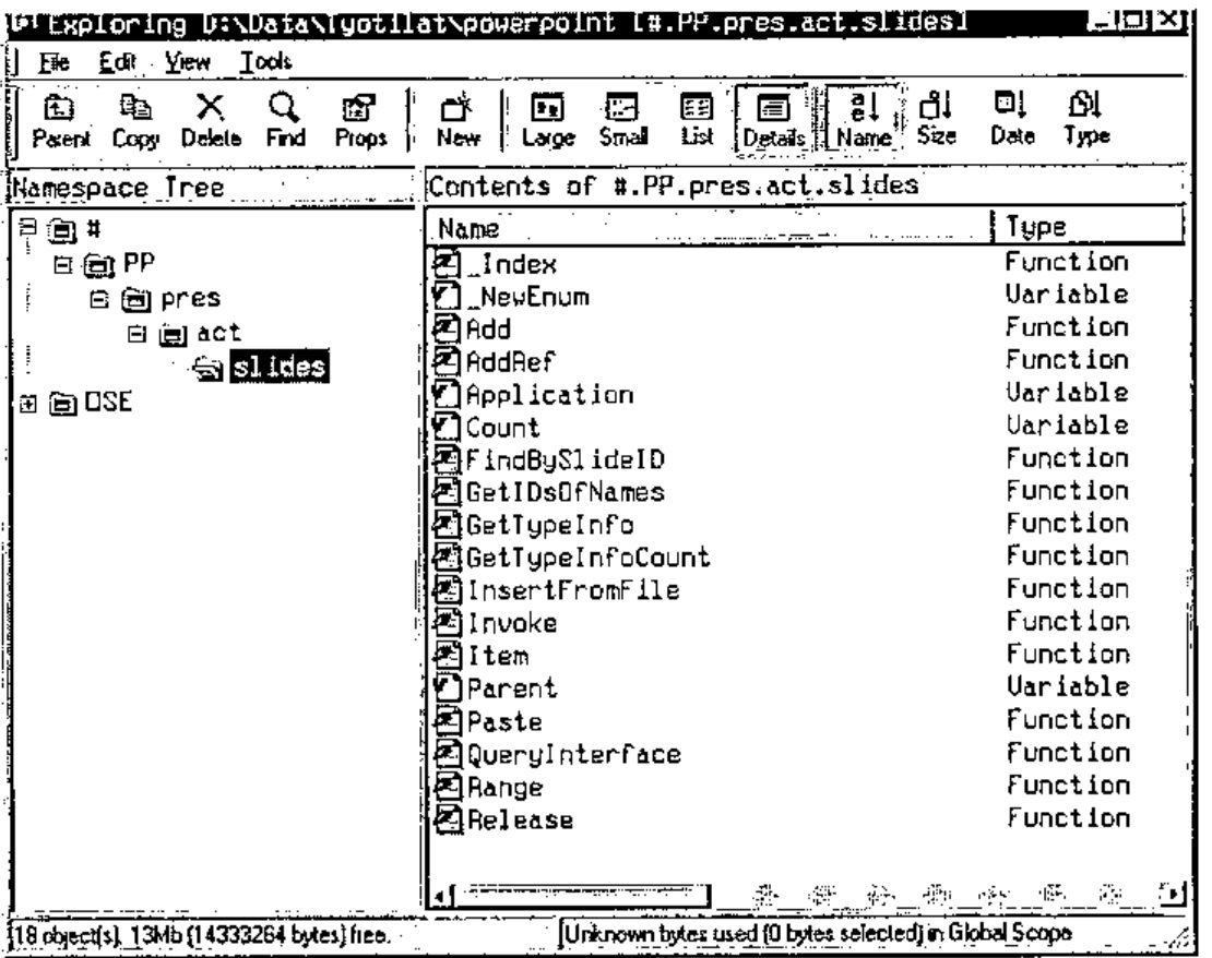 The Dyalog explorer showing the contents of #.PP.pres.act.slides: _Index, _NewEnum, Add, AddRef, Application, Count, FindBySlideID … Range, Release