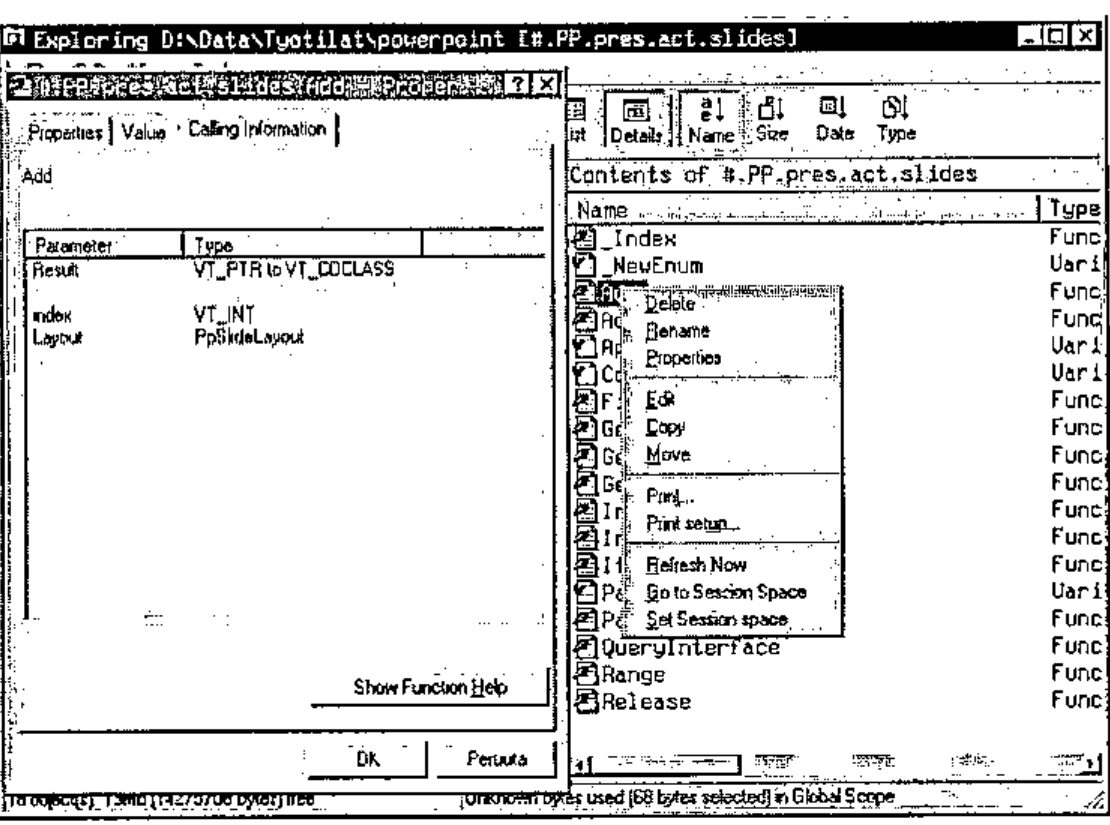 The Calling Information tab for Add: Result VT_PTR to VT_COCLASS, index VT_INT, Layout PpSlideLayout; with the explorer’s right-button menu