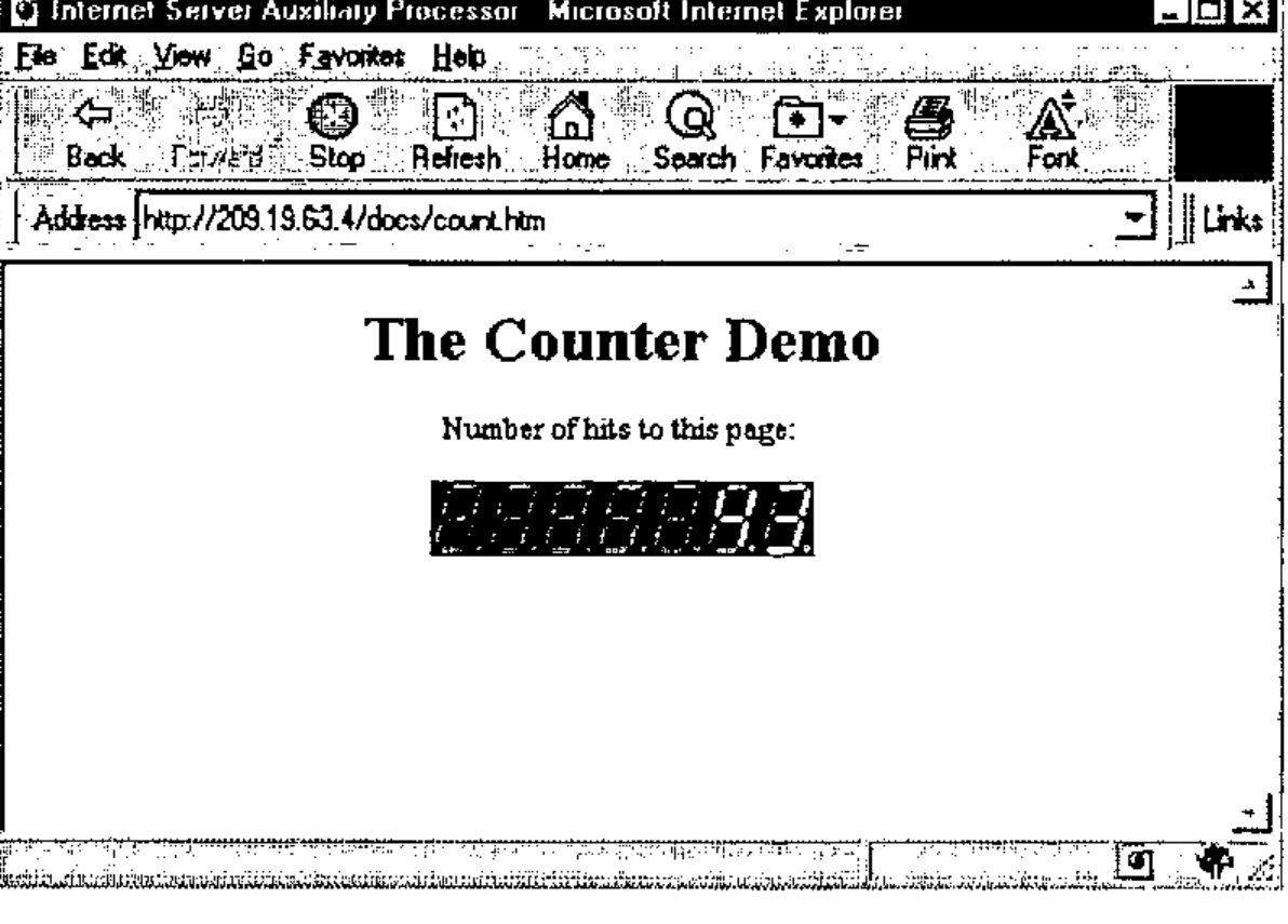 Internet Explorer showing http://209.19.63.4/docs/count.htm: “The Counter Demo”, “Number of hits to this page:” and an LCD-style counter reading 43