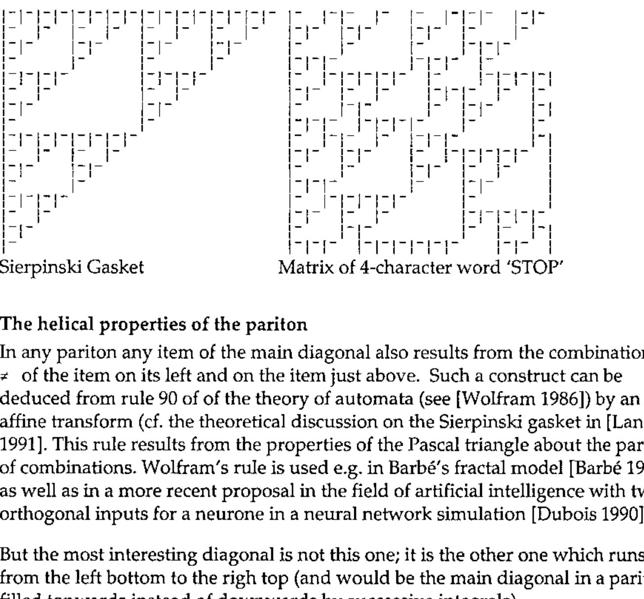 Two drawings in box characters: the Sierpinski Gasket, and the Matrix of 4-character word ‘STOP’