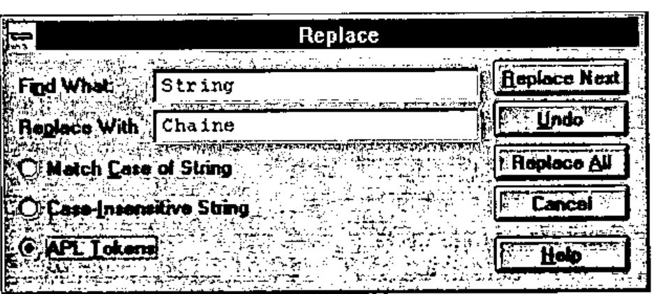 The Replace dialog: Find What “String”, Replace With “Chaine”, options Match Case of String, Case-Insensitive String, APL Tokens